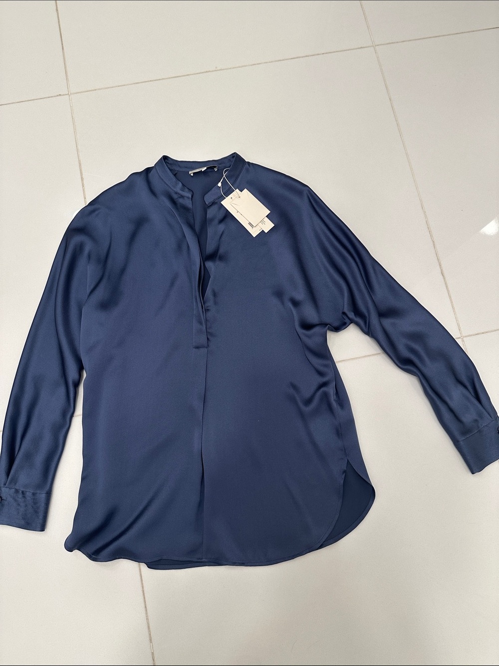 Vince Silk Satin Band-Collar Blouse
